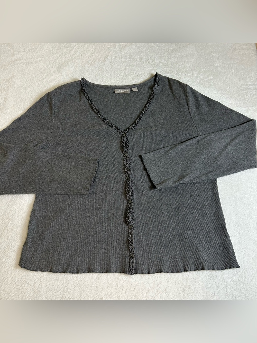 Croft & Barrow Women's Cardigan Sweater XL Gray Ruffle Button Up Long Sleeve